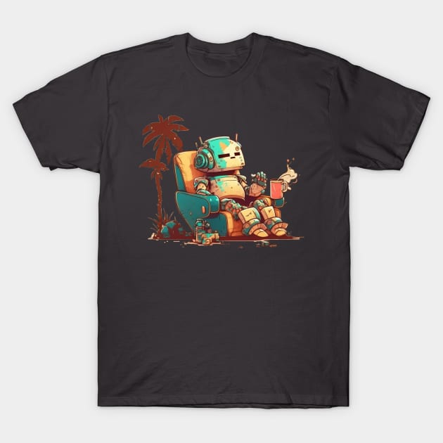 An old robot get comfy with a cup od coffe no background T-Shirt by Kamila's Ideas